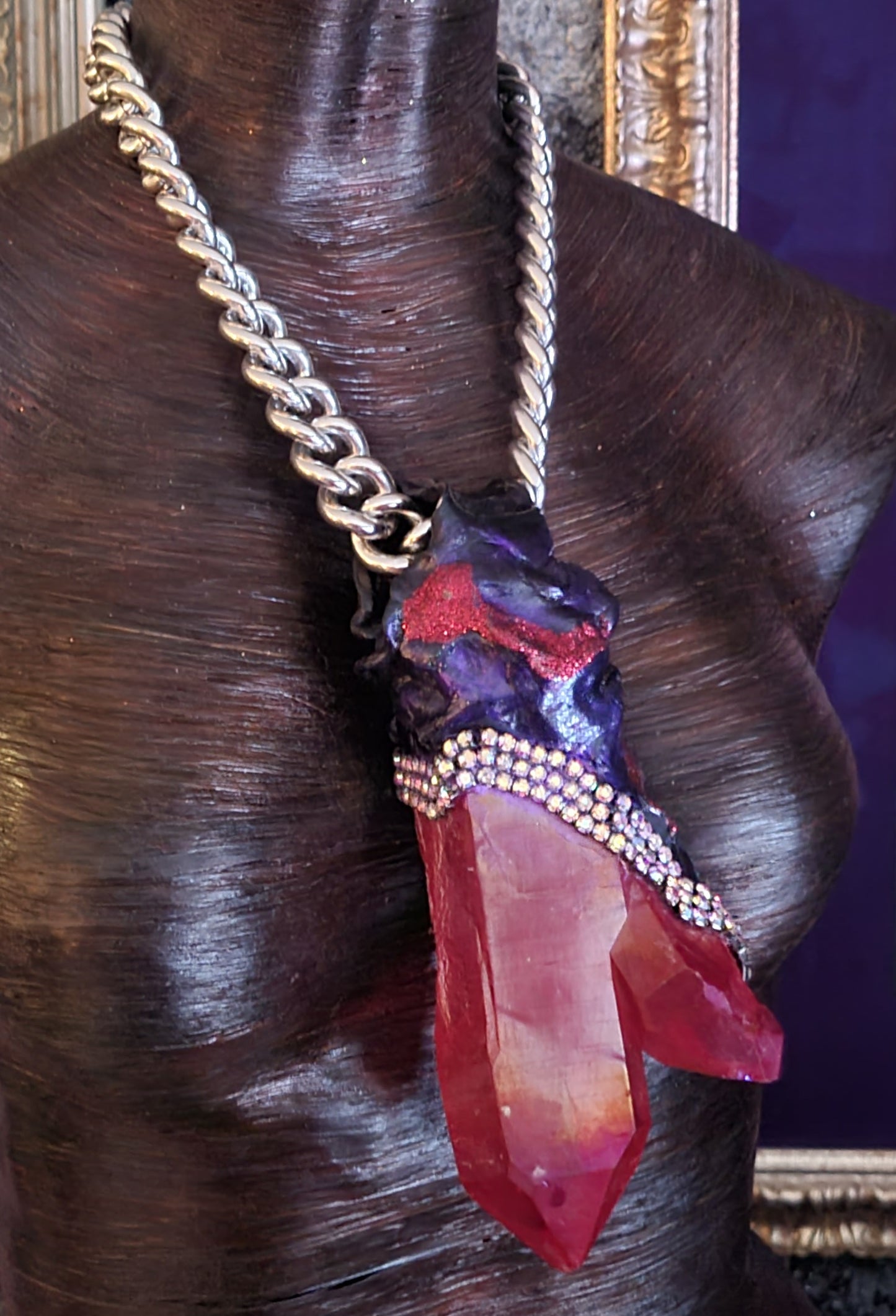 Ruby Red Aura Quartz & Rhinestone Gemstone Gemstone Pendant, OOAK Gemm