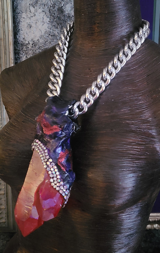 Ruby Red Aura Quartz & Rhinestone Gemstone Gemstone Pendant, OOAK Gemm