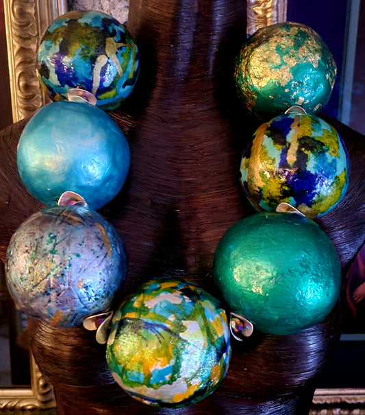 Blue Green & Gold Huge Hand Sculpted Beaded Statement Necklace - Drama