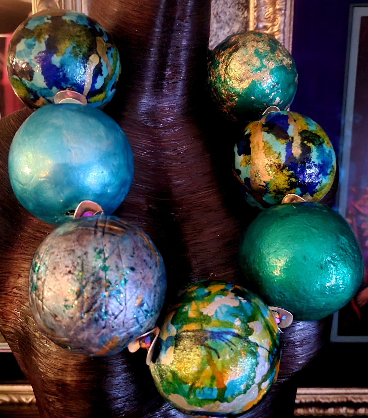 Blue Green & Gold Huge Hand Sculpted Beaded Statement Necklace - Drama