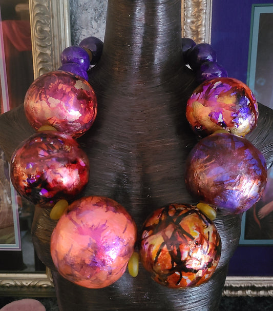 Jumbo Hand Sculpted Purple Alcohol Ink Beaded Luxury Necklace, Massive