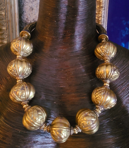 Exotic Tibetan Brass Repousse Oversized Beaded Ethnic Necklace - OOAK