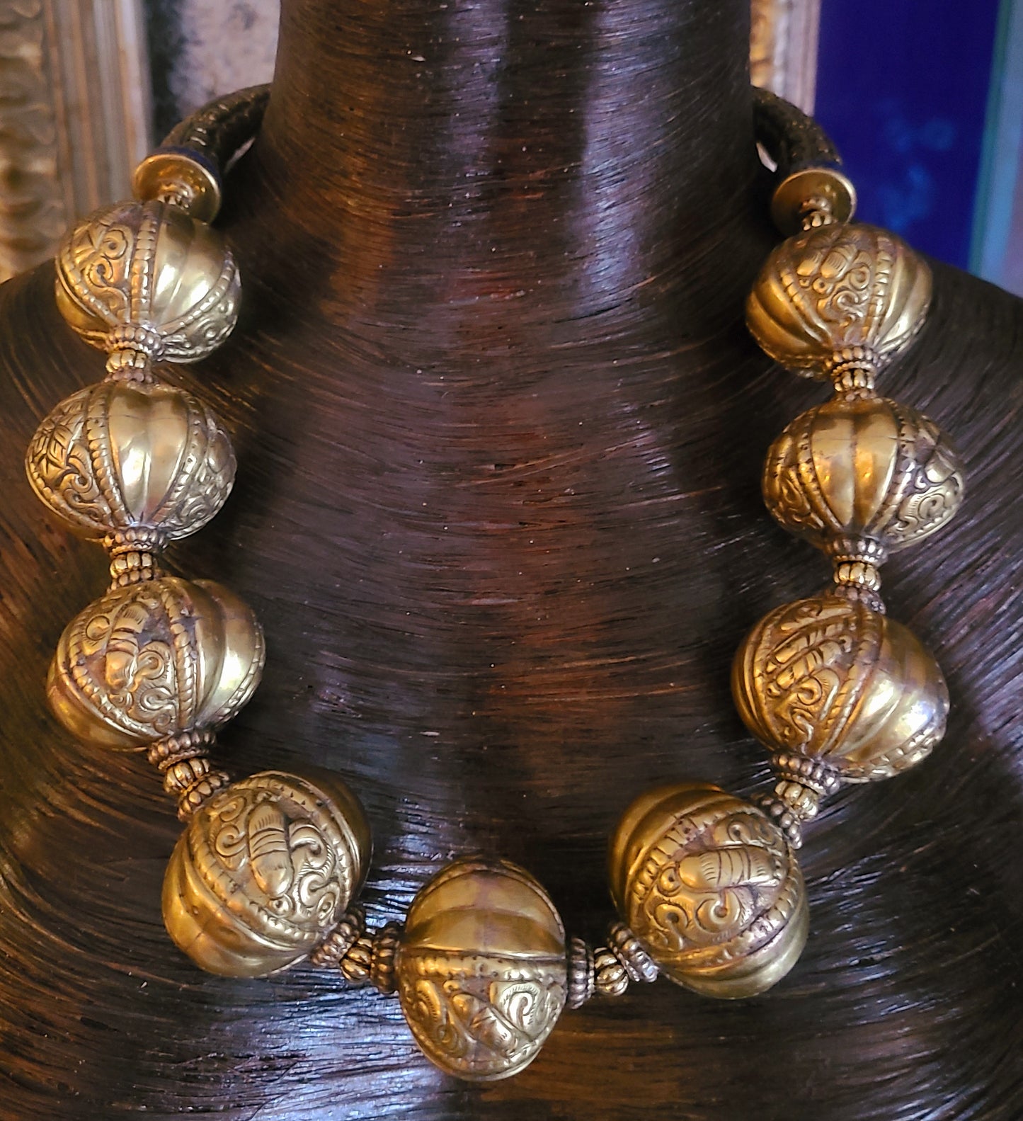 Exotic Tibetan Brass Repousse Oversized Beaded Ethnic Necklace - OOAK