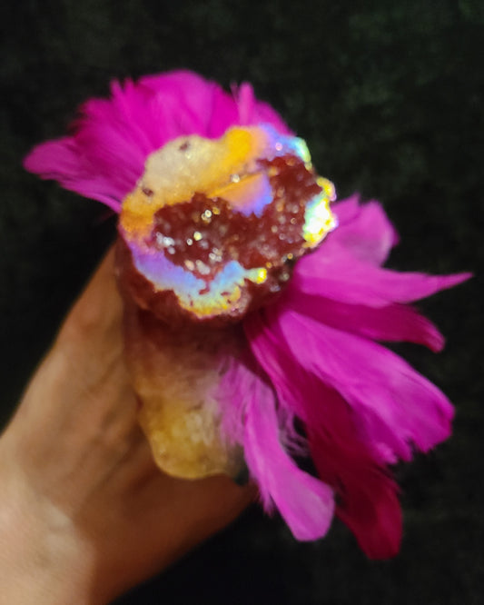 Hot Pink Titanium Druzy Geode and Feather Adjustable Statement Ring