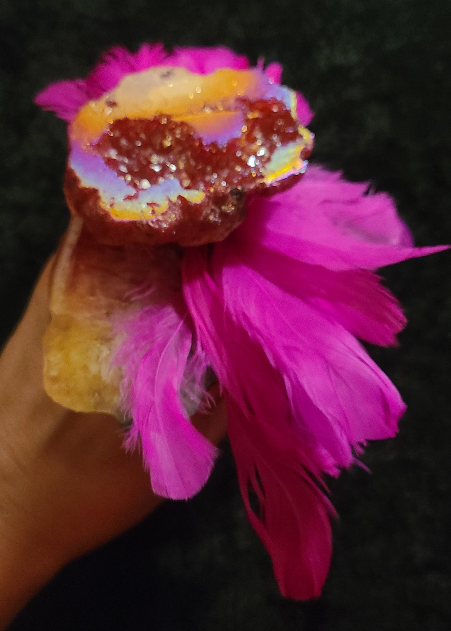 Hot Pink Titanium Druzy Geode and Feather Adjustable Statement Ring