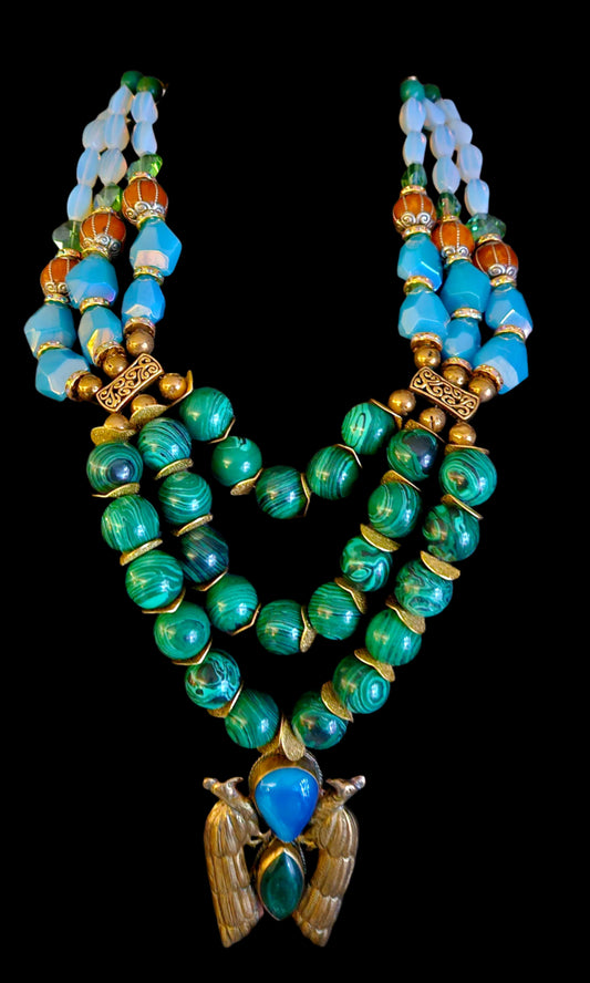 Double Peacock Repousse Beaded Chest Piece - High End