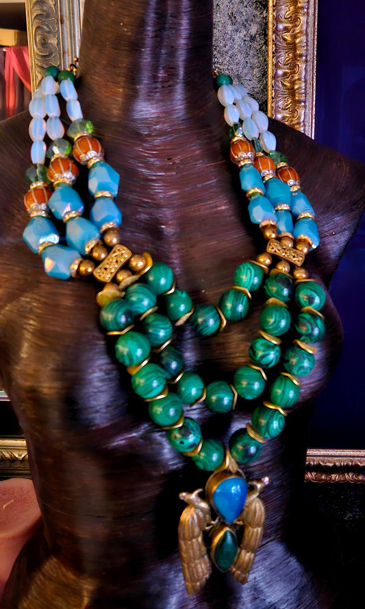 Double Peacock Repousse Beaded Chest Piece - High End