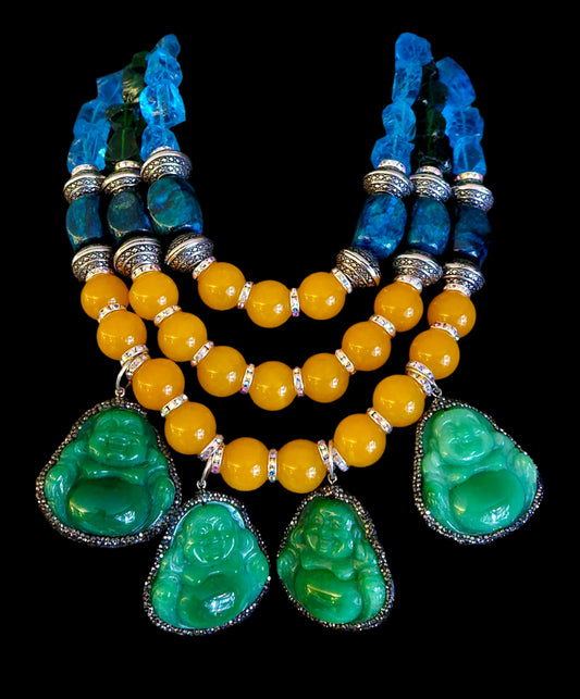 Green Blue & Yellow Gemstone Necklace & Buddha Dangles - OOAK Couture