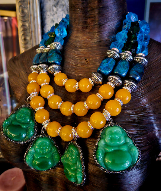 Green Blue & Yellow Beaded Luxury Necklace With Buddha Dangles - OOAK