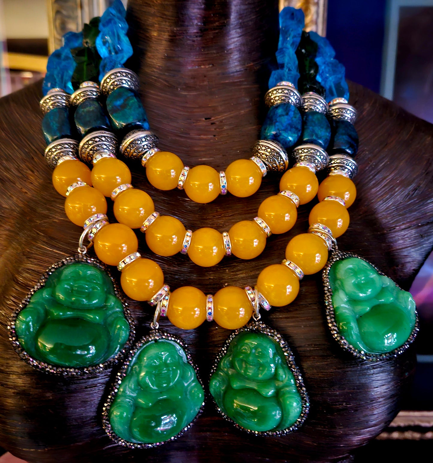 Green Blue & Yellow Gemstone Necklace & Buddha Dangles - OOAK Couture