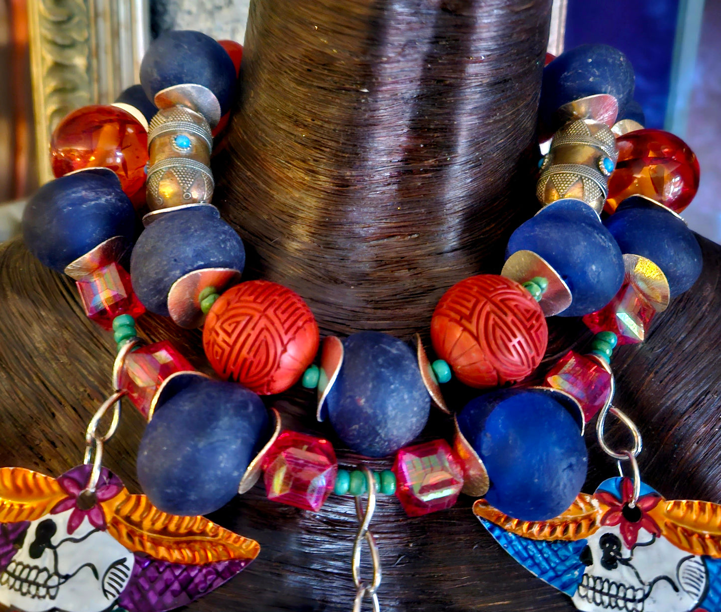 Mexican Folk Art Day of the Dead Chest Piece - Tribal Artisan Necklace