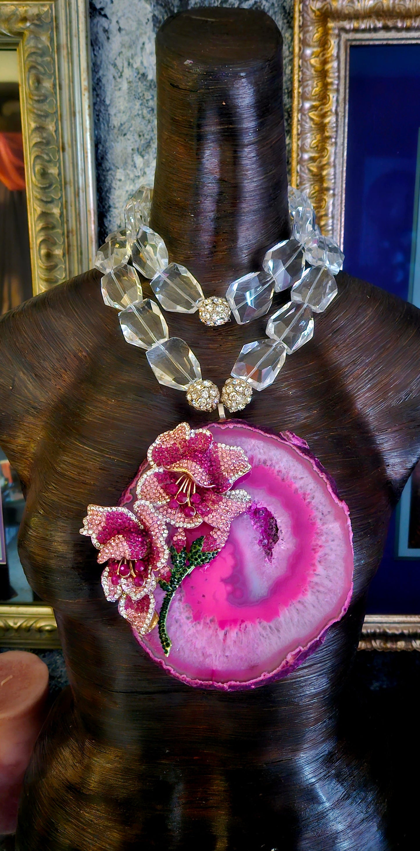 Pink Agate Rhinestone Rose Pendant - Chunky Faceted Glass