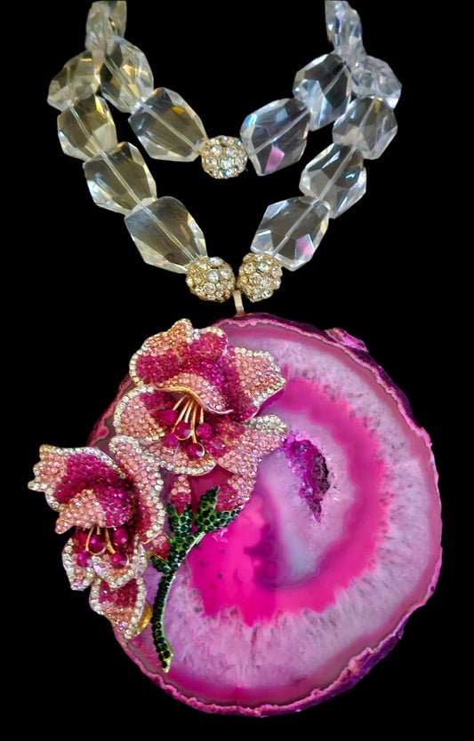 Pink Agate Rhinestone Rose Pendant - Chunky Faceted Glass
