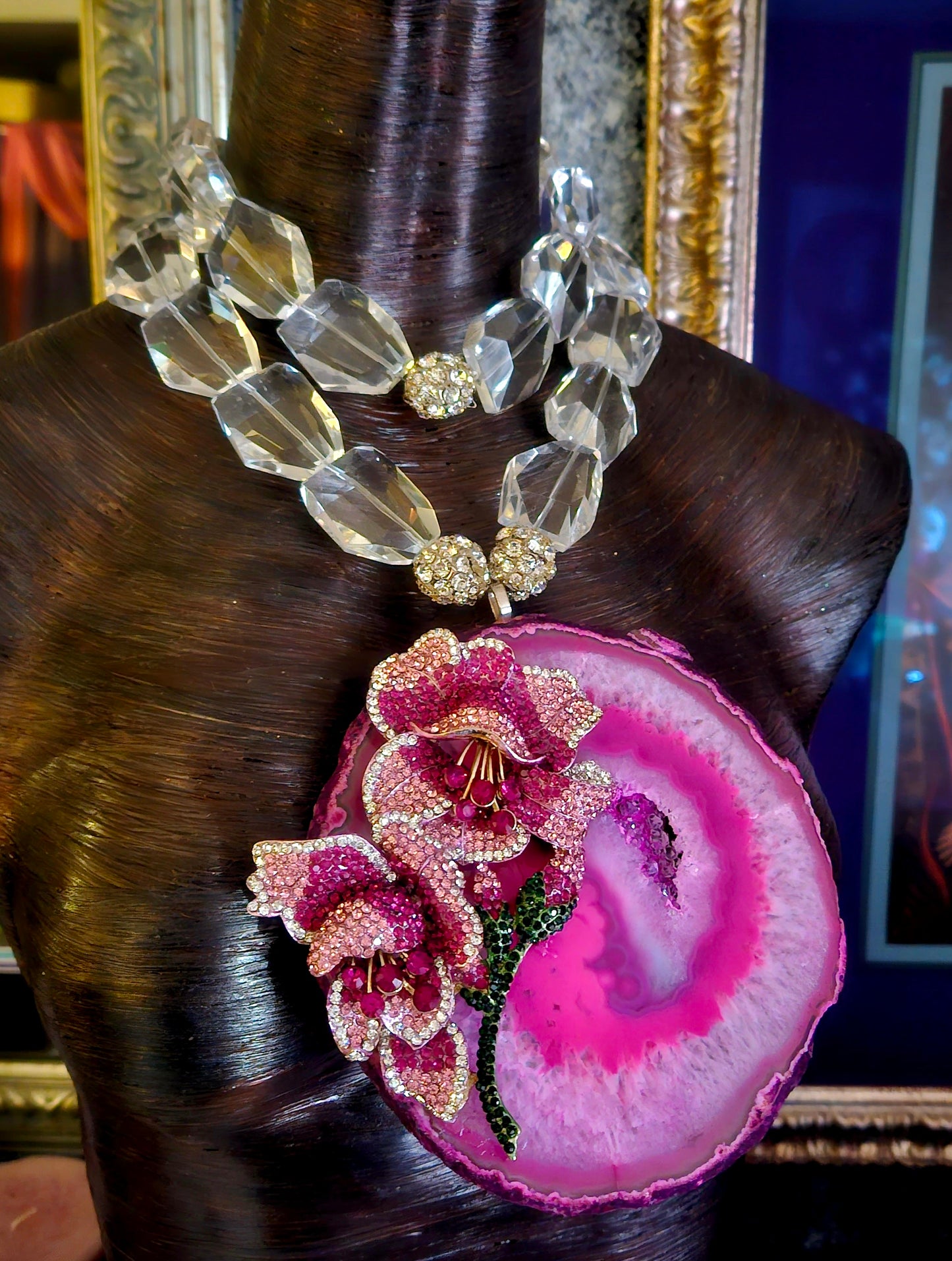 Pink Agate & Rhinestone Rose Gemstone Pendant With Faceted Glass Bead