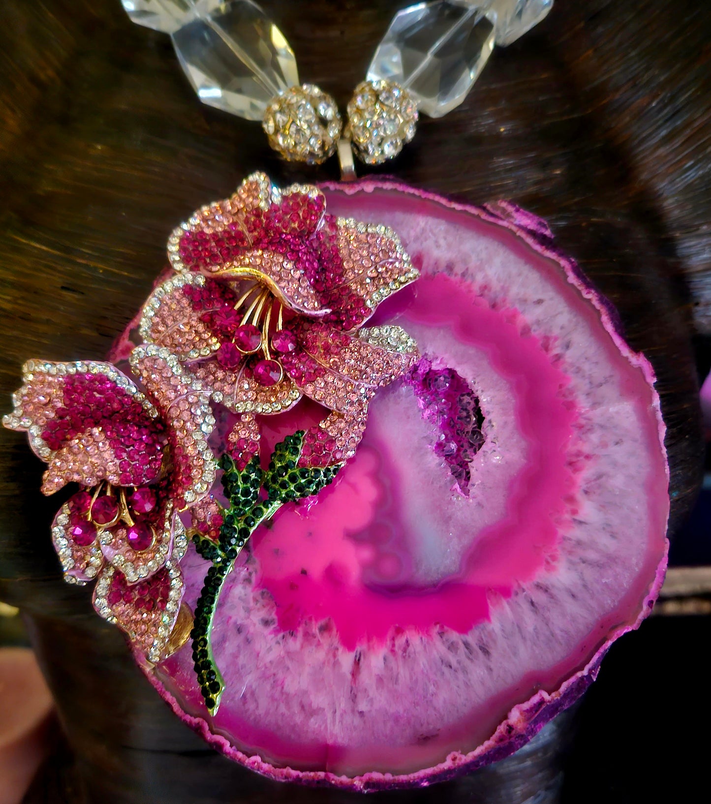 Pink Agate & Rhinestone Rose Gemstone Pendant With Faceted Glass Bead
