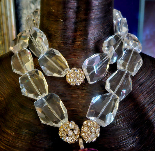 Pink Agate Rhinestone Rose Pendant - Chunky Faceted Glass