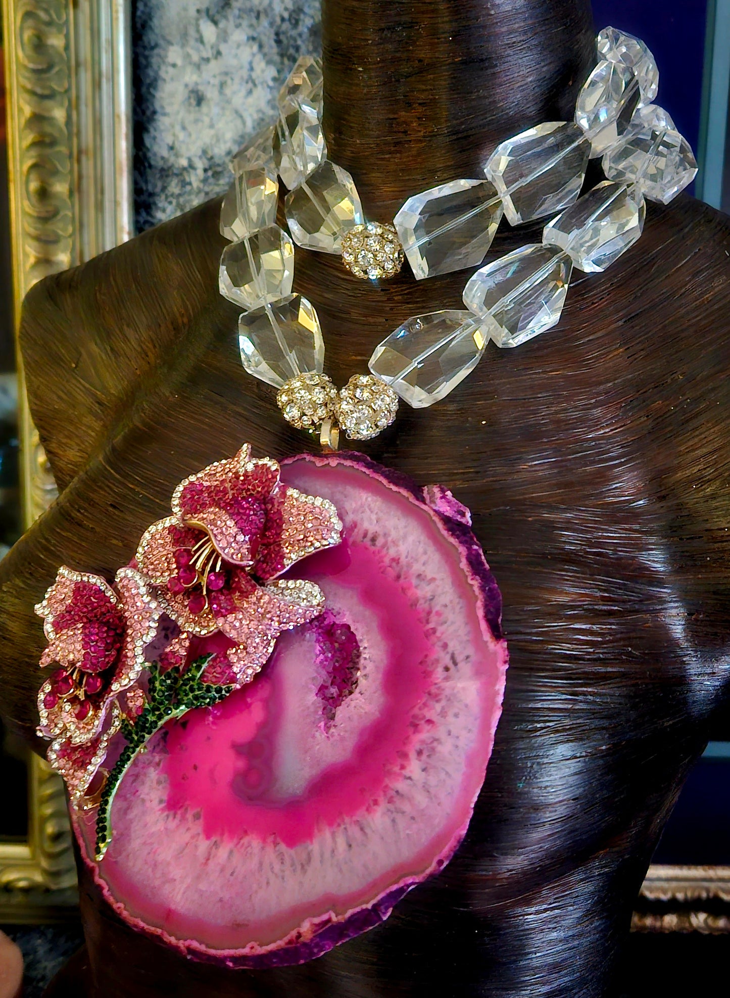 Pink Agate & Rhinestone Rose Gemstone Pendant With Faceted Glass Bead