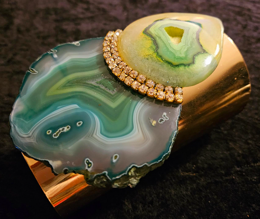 Green & Yellow Agate Wide Gold Tone Statement Cuff for Women - Bold