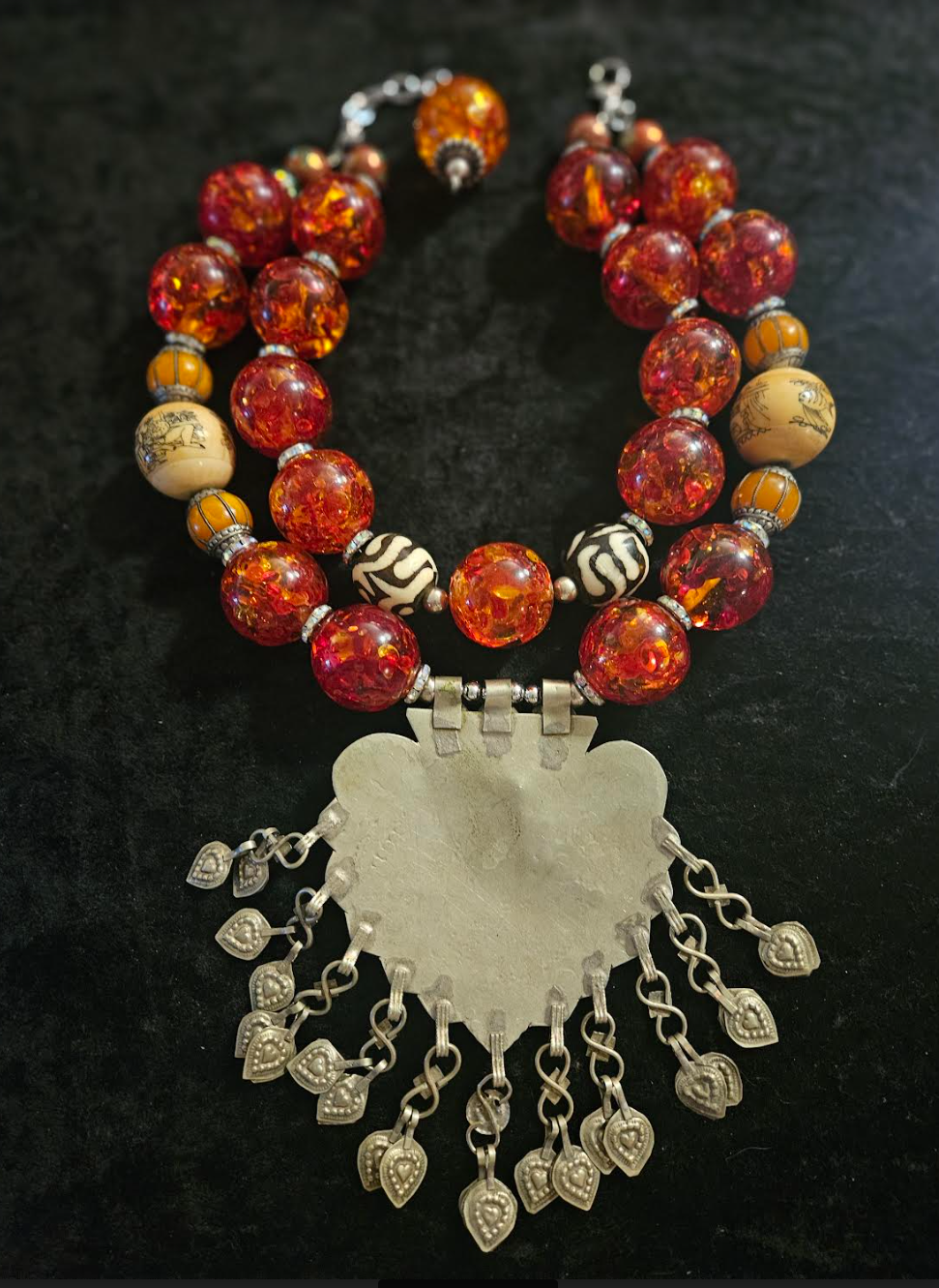Oversized Faux Amber Tribal Statement Luxury Necklace With Vintage Kuc