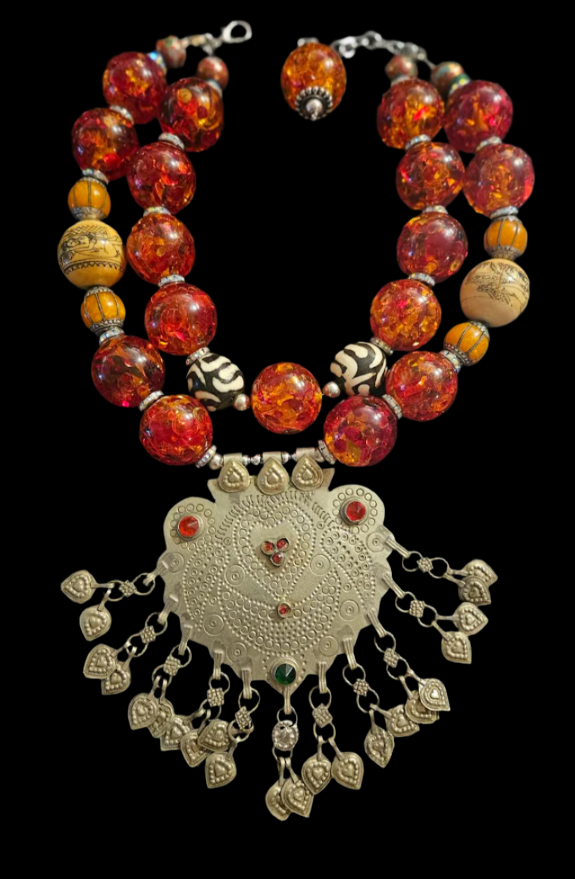 Oversized Faux Amber Tribal Statement Luxury Necklace With Vintage Kuc