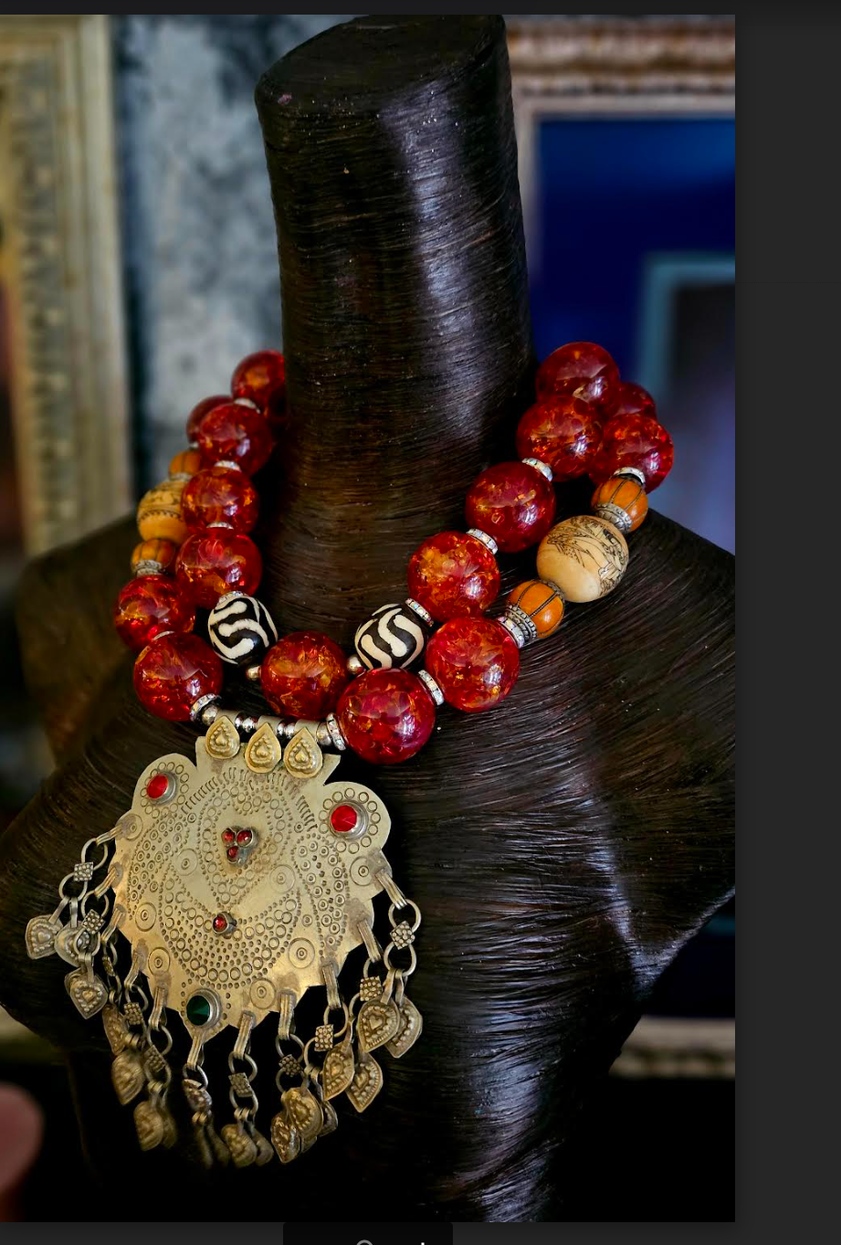 Oversized Faux Amber Tribal Statement Luxury Necklace With Vintage Kuc