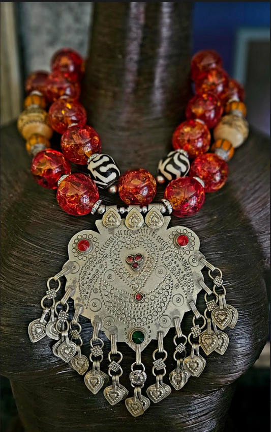 Oversized Faux Amber Tribal Statement Necklace With Vintage Kuchi Coins
