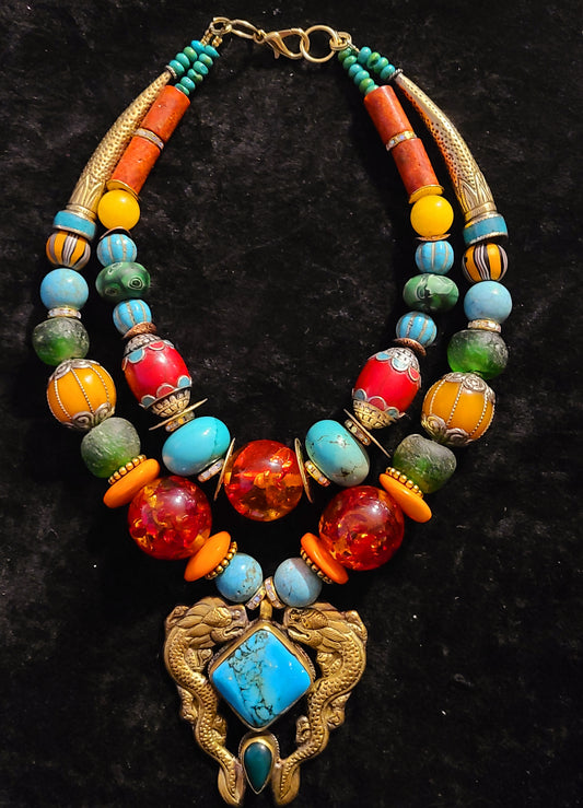 Double Dragon Brass Pendant With Exotic Beaded Tribal Statement Necklace, Mixed Media Oversized Ethnic Necklace, Colorful African Collar
