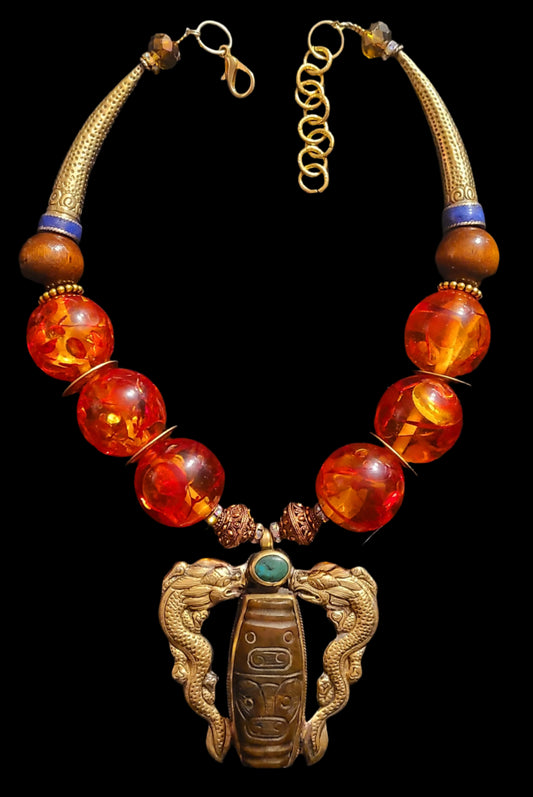 Exotic Beaded Tribal Haute Couture Statement Necklace with Double Dragon Pendant