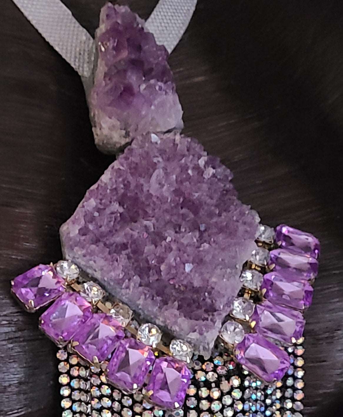 Art Deco Revival Rough Amethyst & Rhinestone Pendant, Lavender Crystal Avant Garde Chest Piece, Purple Gatsby Jewelry