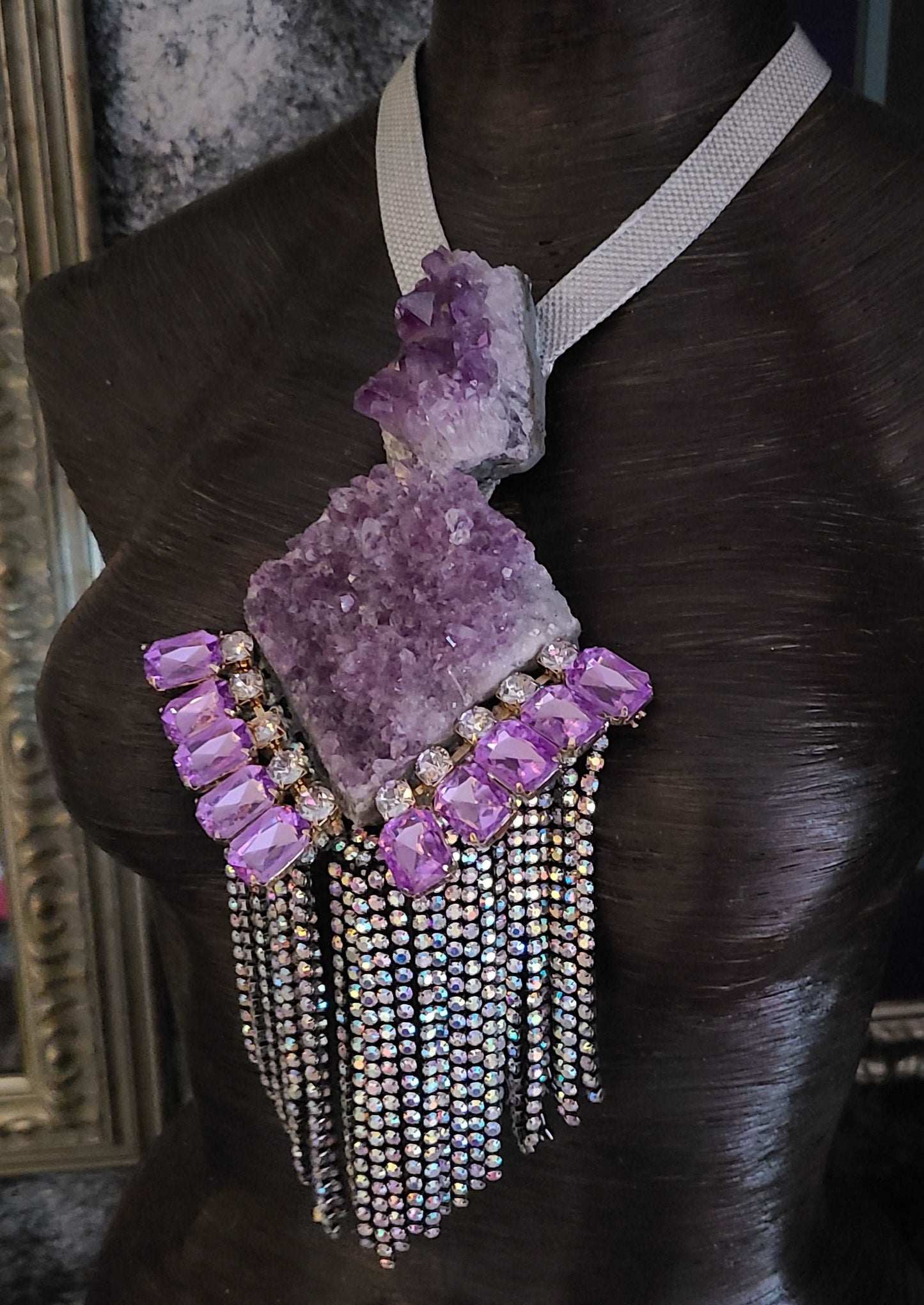 Art Deco Revival Rough Amethyst & Rhinestone Pendant, Lavender Crystal Avant Garde Chest Piece, Purple Gatsby Jewelry