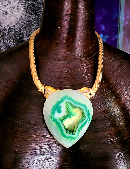 Green Druzy Agate Sculpted Statement Pendant - Neck Candy for Business or Professional Venues - Green White Yellow & Gold Choker - Kat Kouture Jewelry