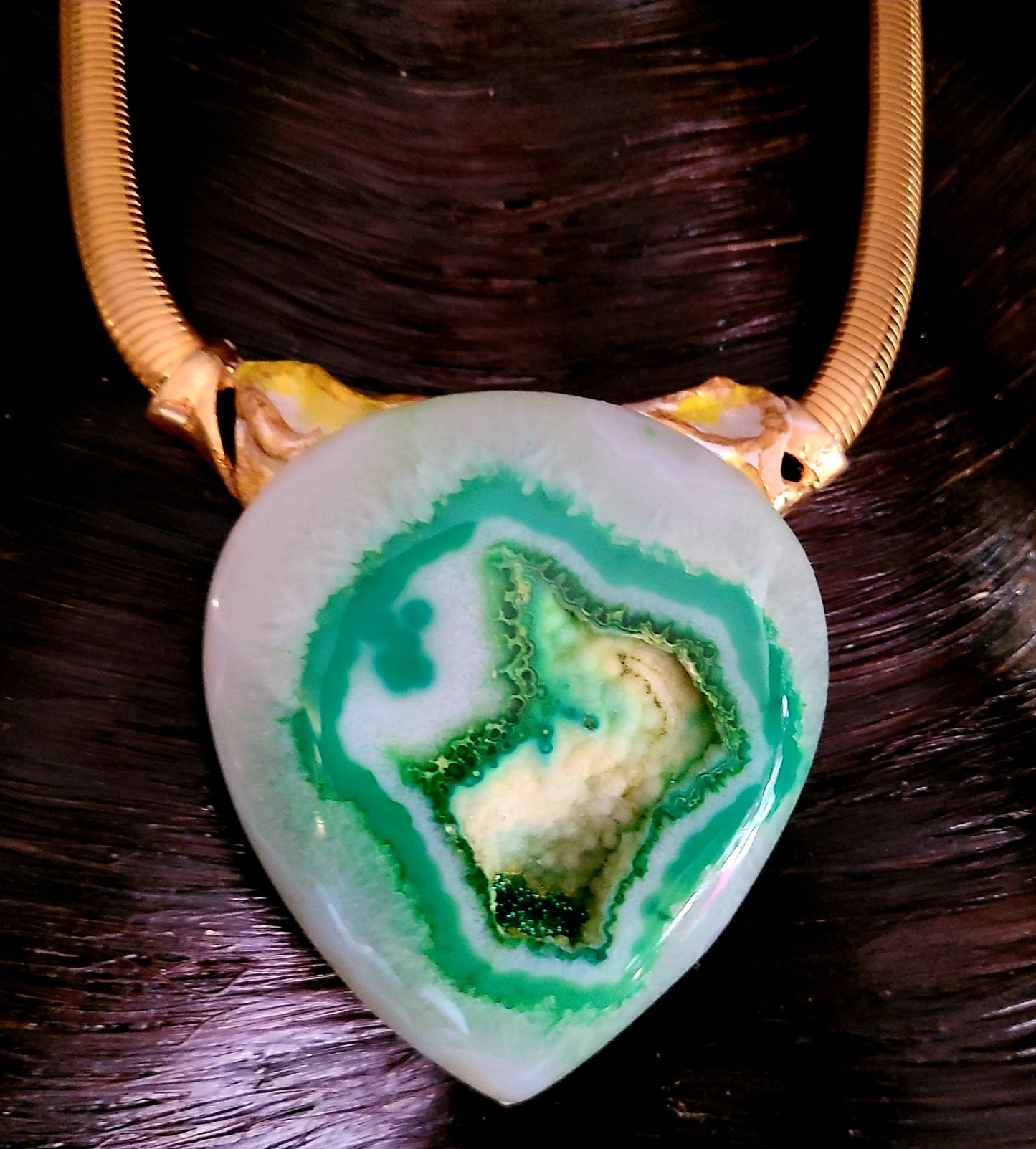 Green Druzy Agate Sculpted Statement Pendant - Neck Candy for Business or Professional Venues - Green White Yellow & Gold Choker - Kat Kouture Jewelry