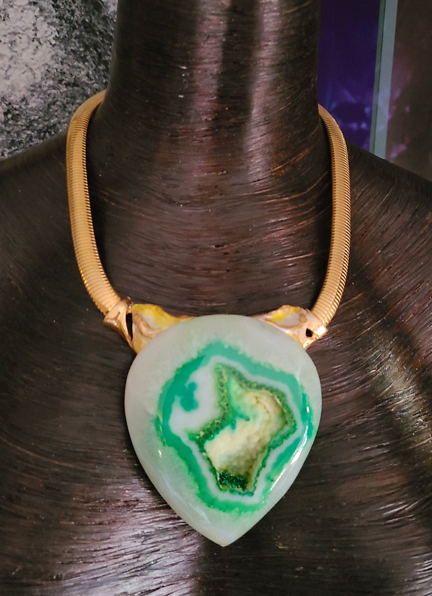 Green Druzy Agate Sculpted Statement Pendant - Neck Candy for Business or Professional Venues - Green White Yellow & Gold Choker - Kat Kouture Jewelry