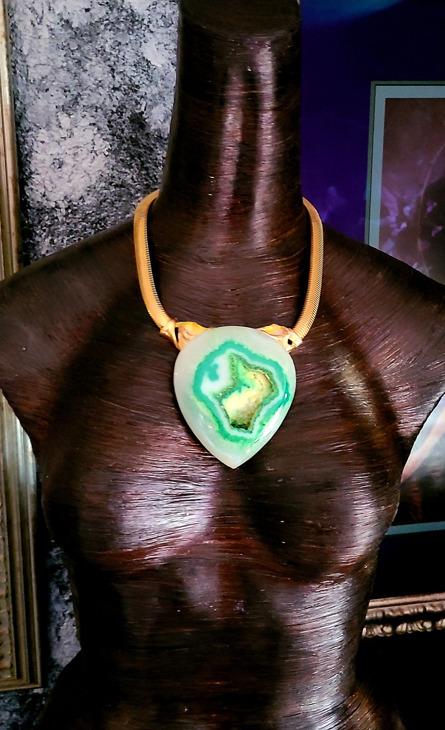 Green Druzy Agate Sculpted Statement Pendant - Neck Candy for Business or Professional Venues - Green White Yellow & Gold Choker - Kat Kouture Jewelry