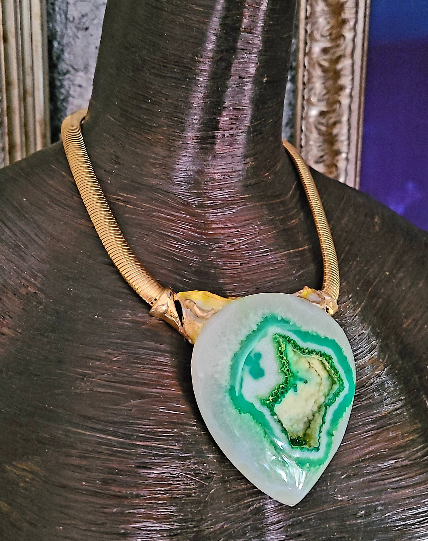 Green Druzy Agate Sculpted Statement Pendant - Neck Candy for Business or Professional Venues - Green White Yellow & Gold Choker - Kat Kouture Jewelry