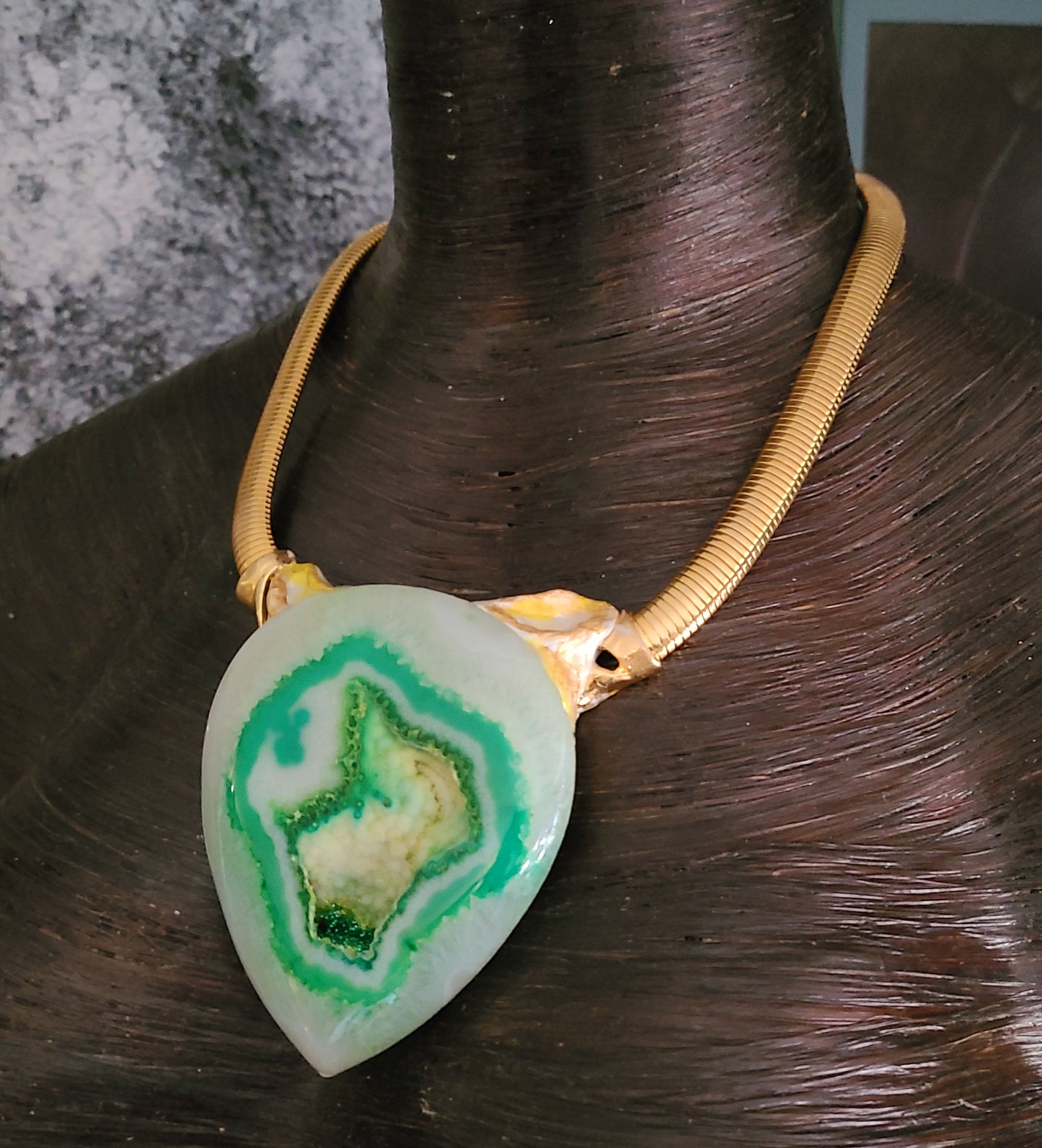 Green Druzy Agate Sculpted Statement Pendant - Neck Candy for Business or Professional Venues - Green White Yellow & Gold Choker - Kat Kouture Jewelry