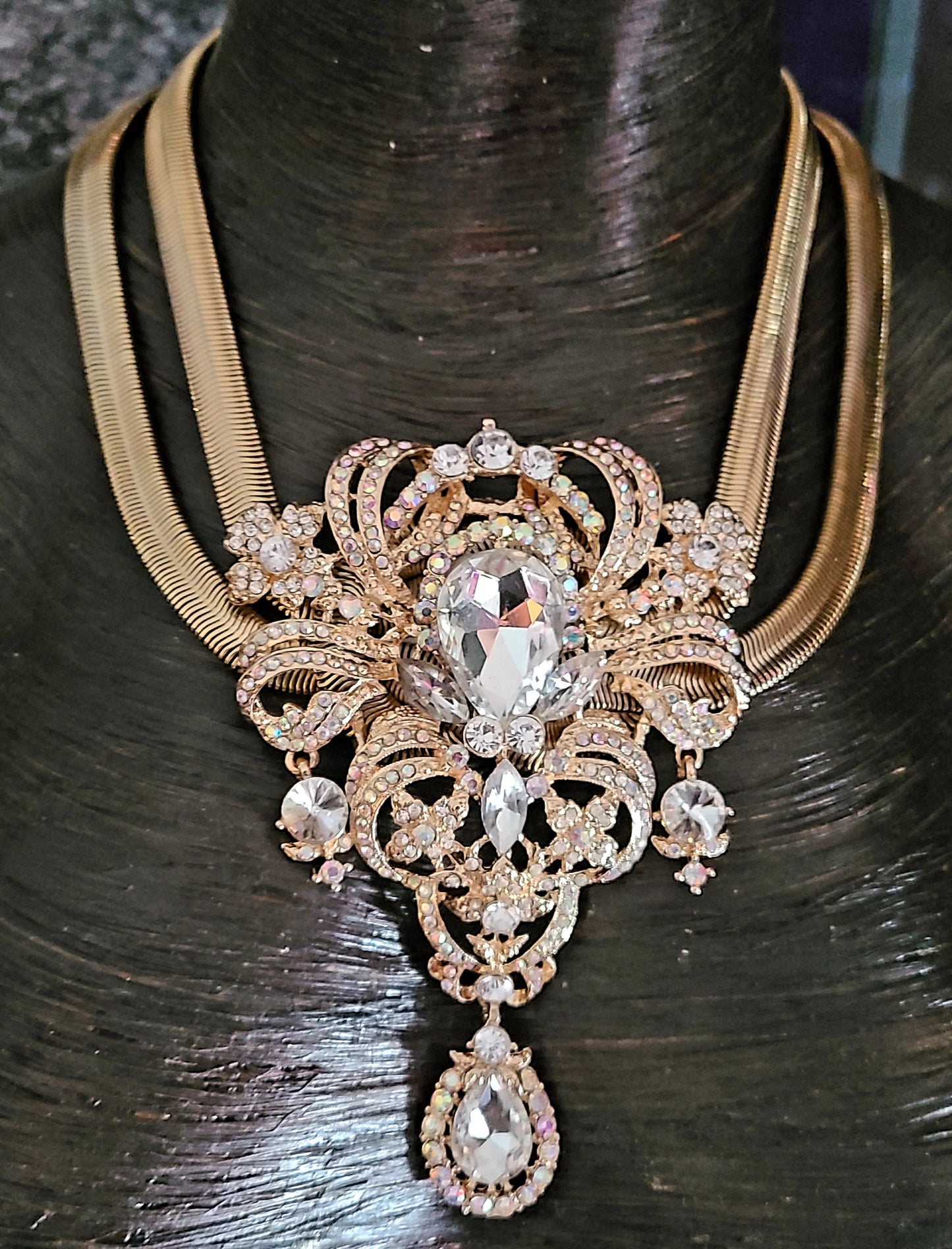 Diamante Jeweled Pendant & Vintage Snake Chain - Ornate Rhinestone Statement Necklace Mother of the Bride - Black Tie Neck Candy - Kat Kouture Jewelry, Bridal Wedding Black Tie Neck Candy