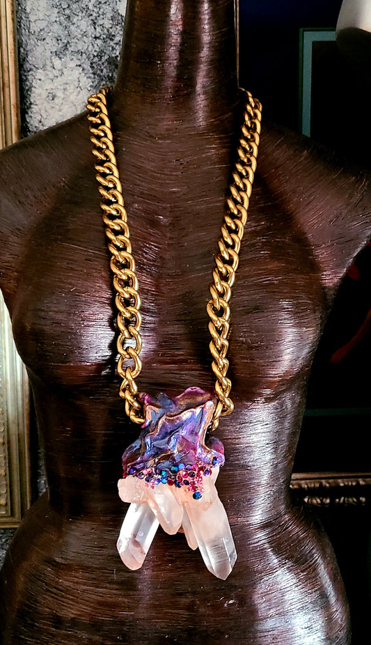 Pendant Sculpted Quartz Pink Himalayan Rhinestone, Talisman Gemstone Rare Scarce, Amulet Crystal Unisex Boho Couture