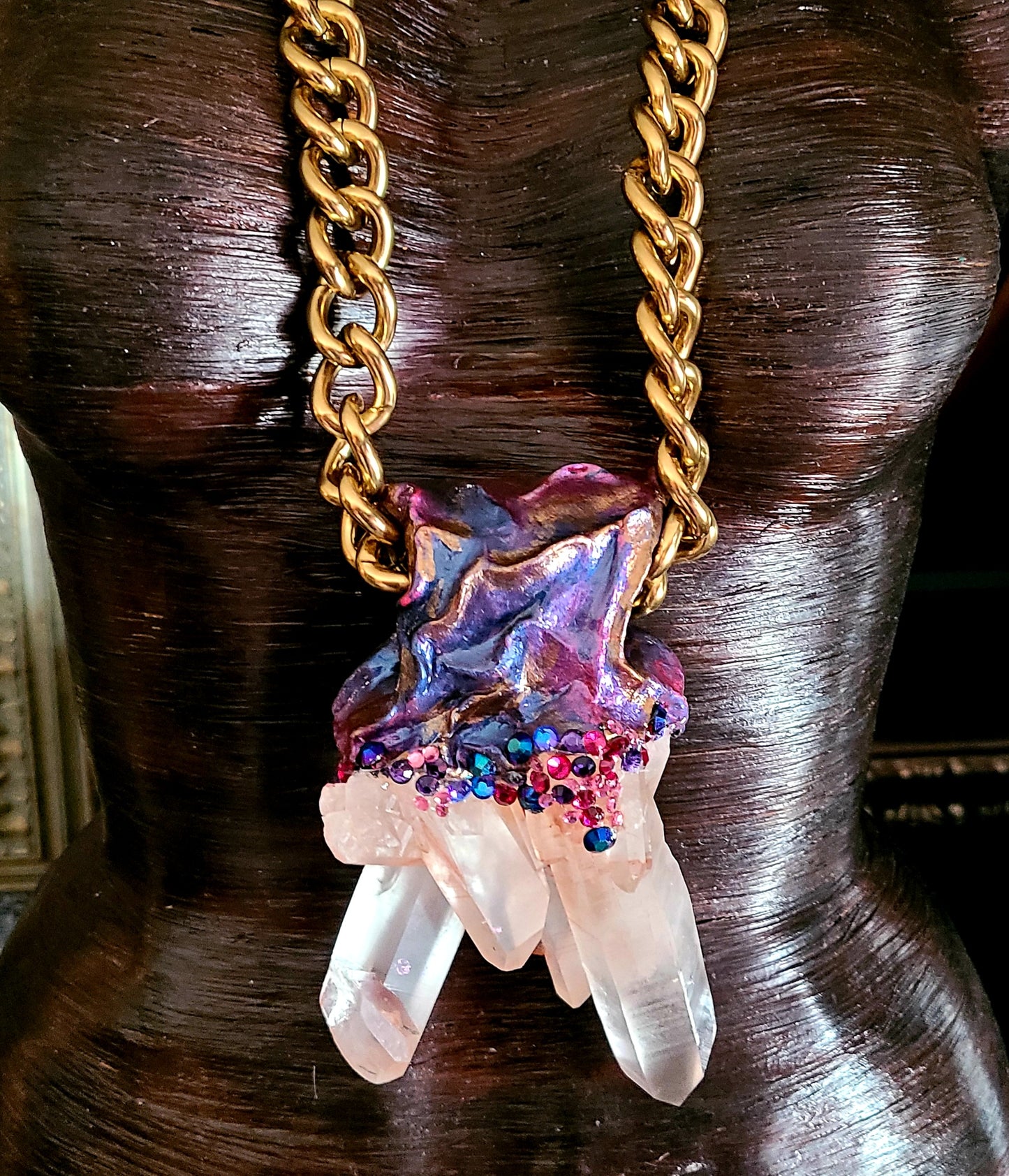 Pendant Sculpted Quartz Pink Himalayan Rhinestone, Talisman Gemstone Rare Scarce, Amulet Crystal Unisex Boho Couture