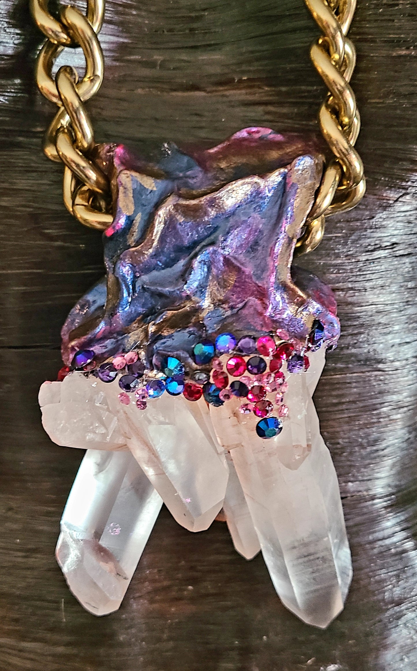 Pendant Sculpted Quartz Pink Himalayan Rhinestone, Talisman Gemstone Rare Scarce, Amulet Crystal Unisex Boho Couture