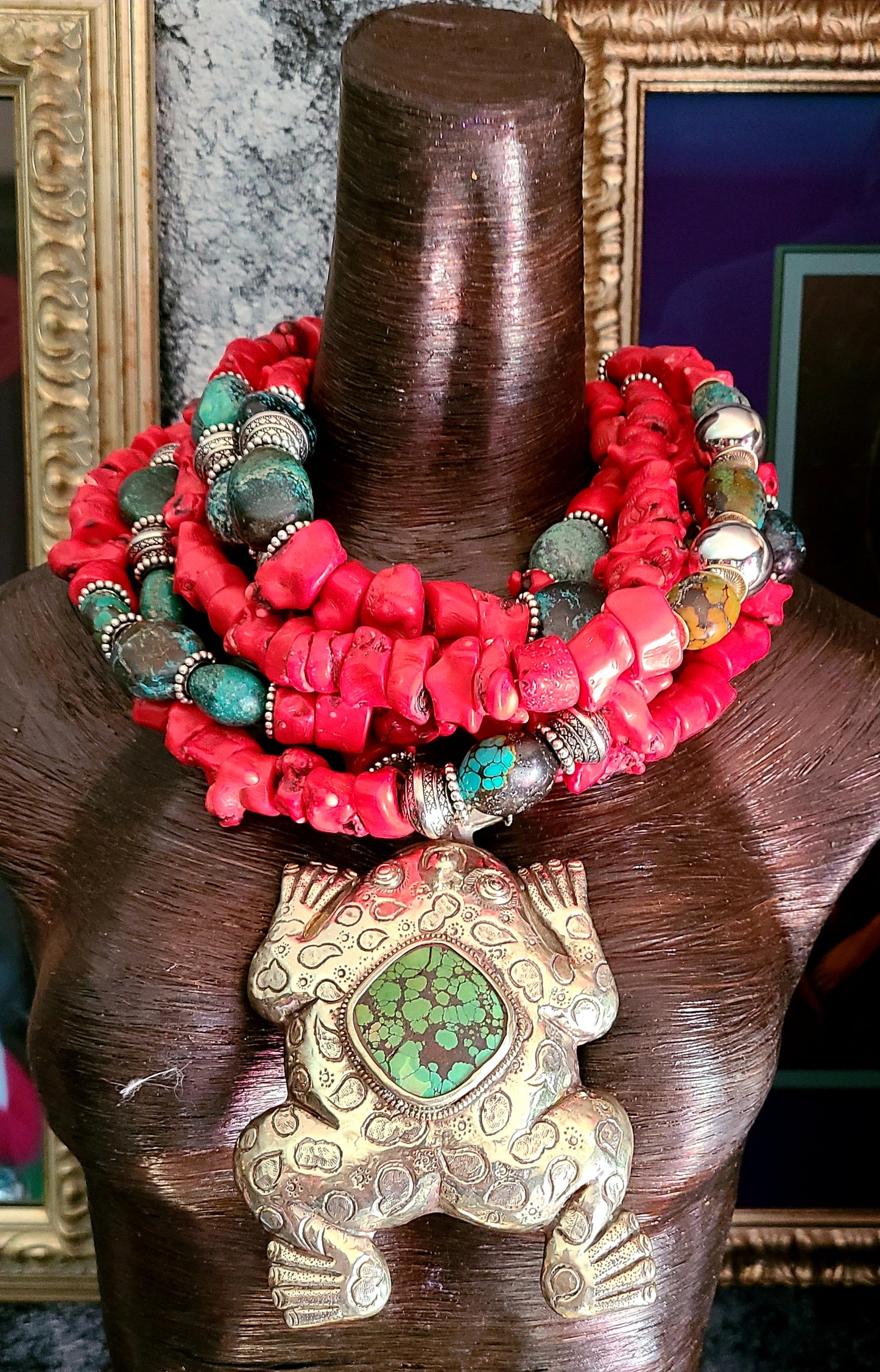 Red Coral and Turquoise Bold Chunky Heavy Statement Necklace with Tibetan Frog Pendant - Kat Kouture Wearable Art Jewelry - Iris Apfel Style Neck Candy