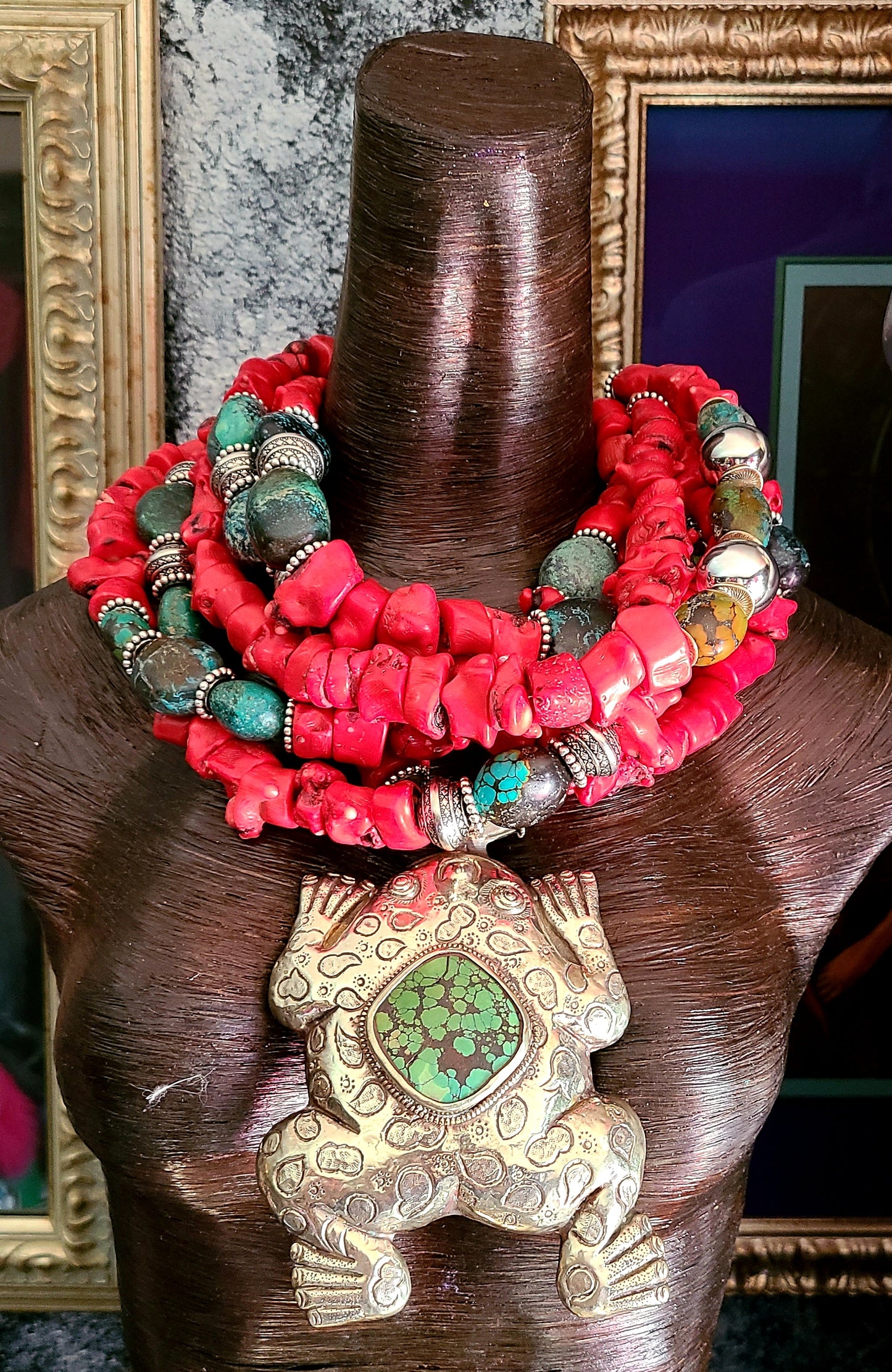 Red Coral and Turquoise Bold Chunky Heavy Statement Necklace with Tibetan Frog Pendant - Kat Kouture Wearable Art Jewelry - Iris Apfel Style Neck Candy