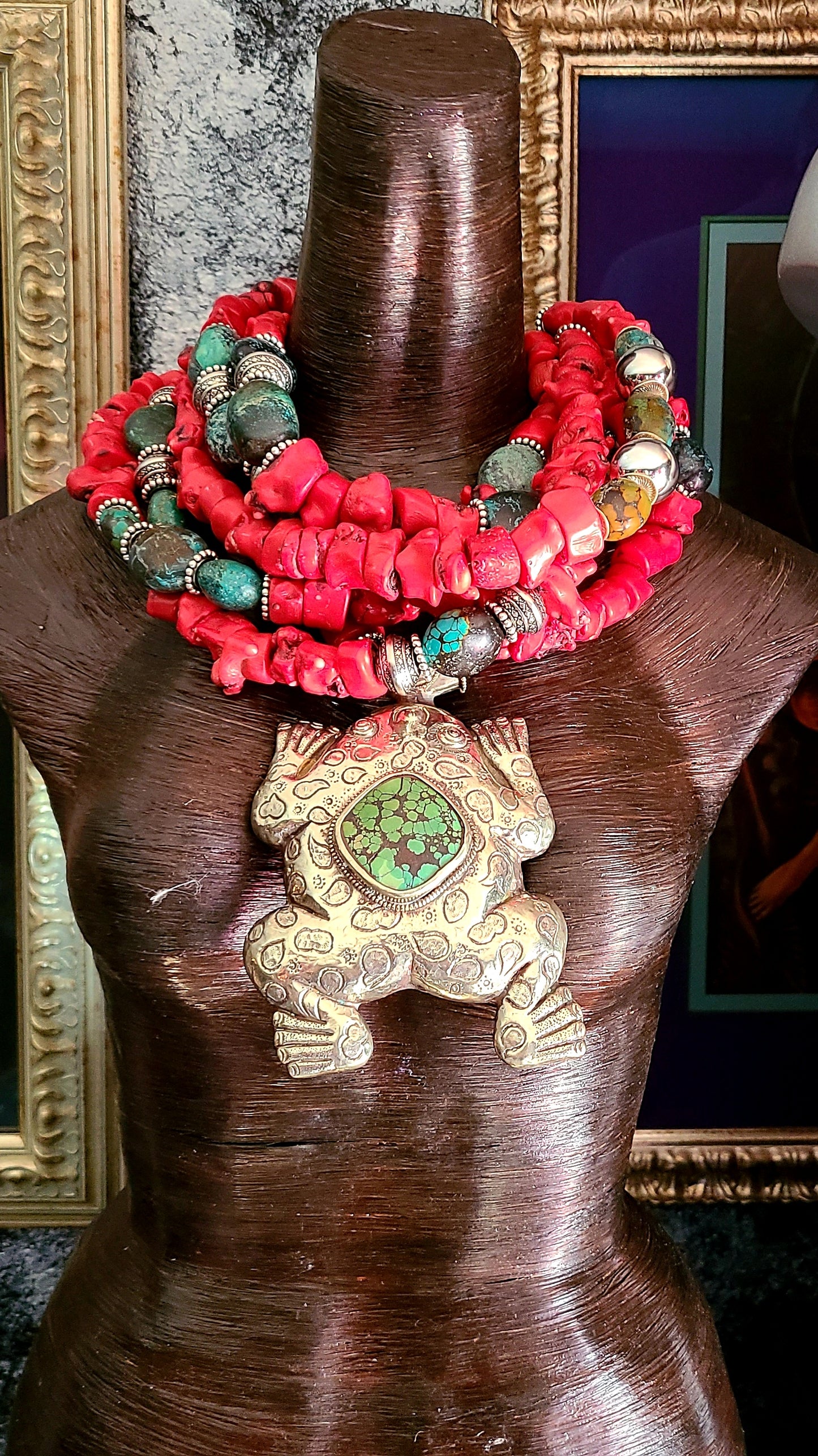 Red Coral and Turquoise Bold Chunky Heavy Statement Necklace with Tibetan Frog Pendant - Kat Kouture Wearable Art Jewelry - Iris Apfel Style Neck Candy