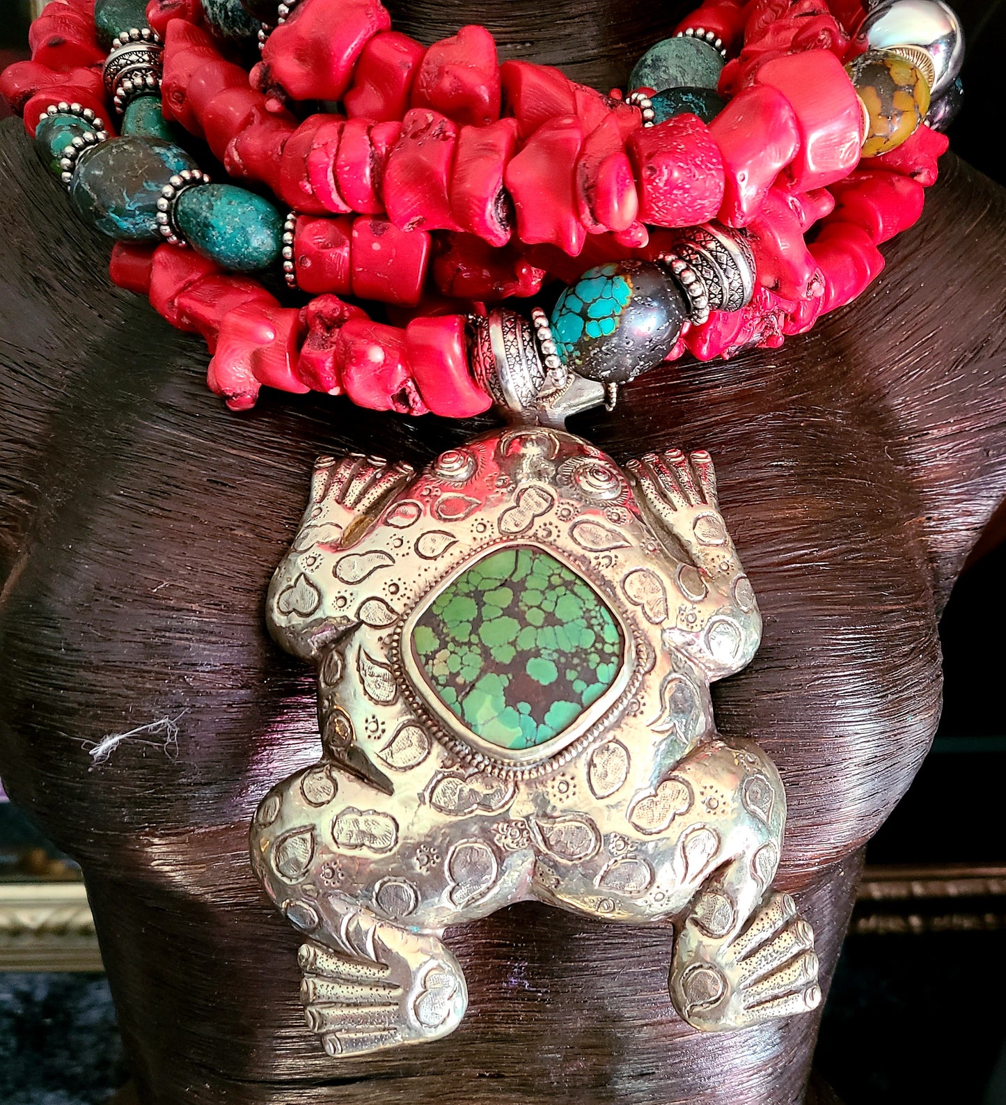 Red Coral and Turquoise Bold Chunky Heavy Statement Necklace with Tibetan Frog Pendant - Kat Kouture Wearable Art Jewelry - Iris Apfel Style Neck Candy