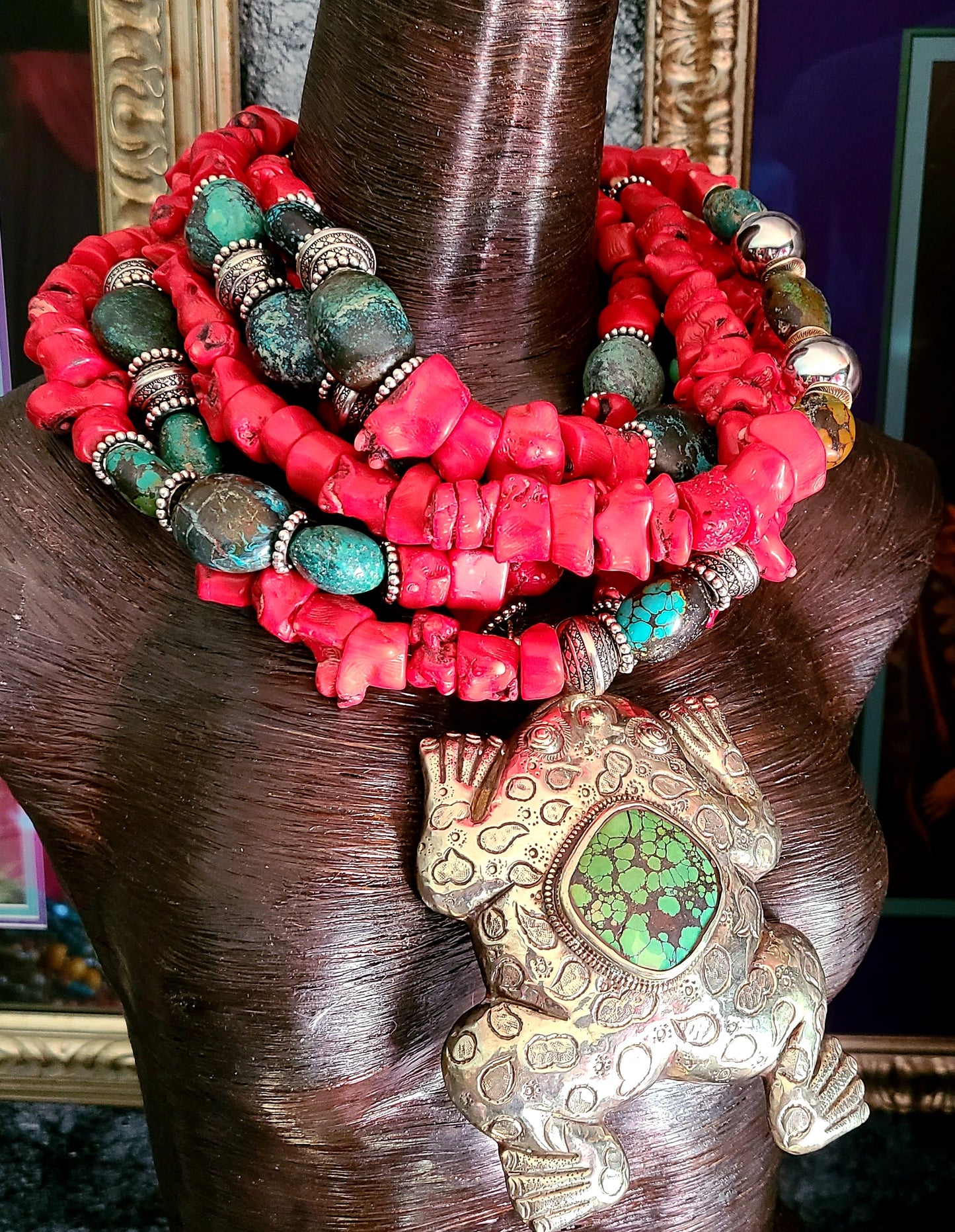 Red Coral and Turquoise Bold Chunky Heavy Statement Necklace with Tibetan Frog Pendant - Kat Kouture Wearable Art Jewelry - Iris Apfel Style Neck Candy