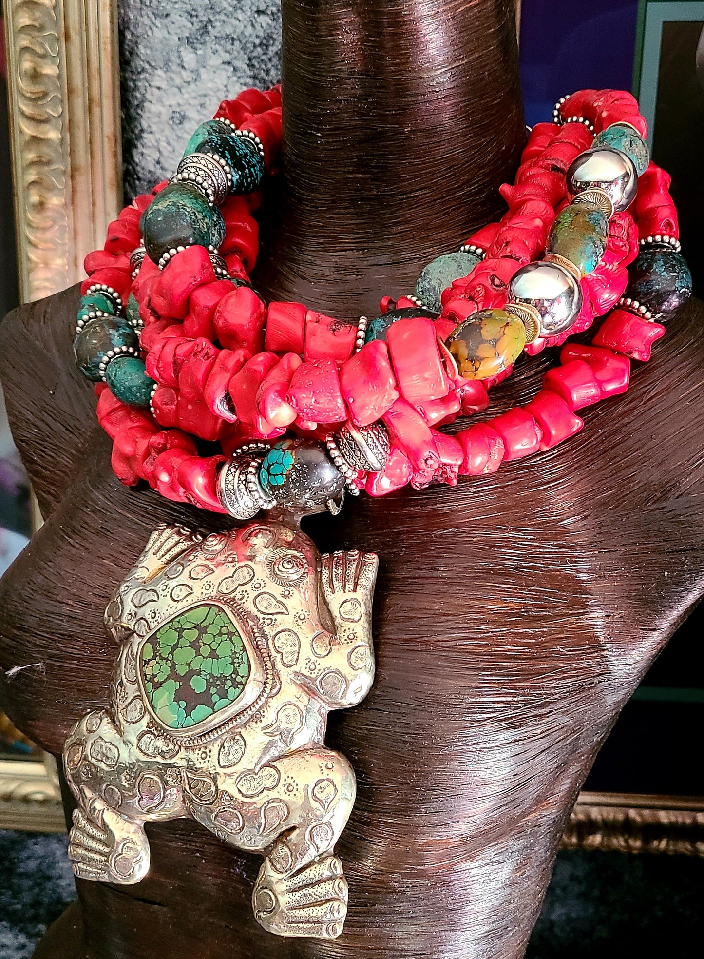 Red Coral and Turquoise Bold Chunky Heavy Statement Necklace with Tibetan Frog Pendant - Kat Kouture Wearable Art Jewelry - Iris Apfel Style Neck Candy