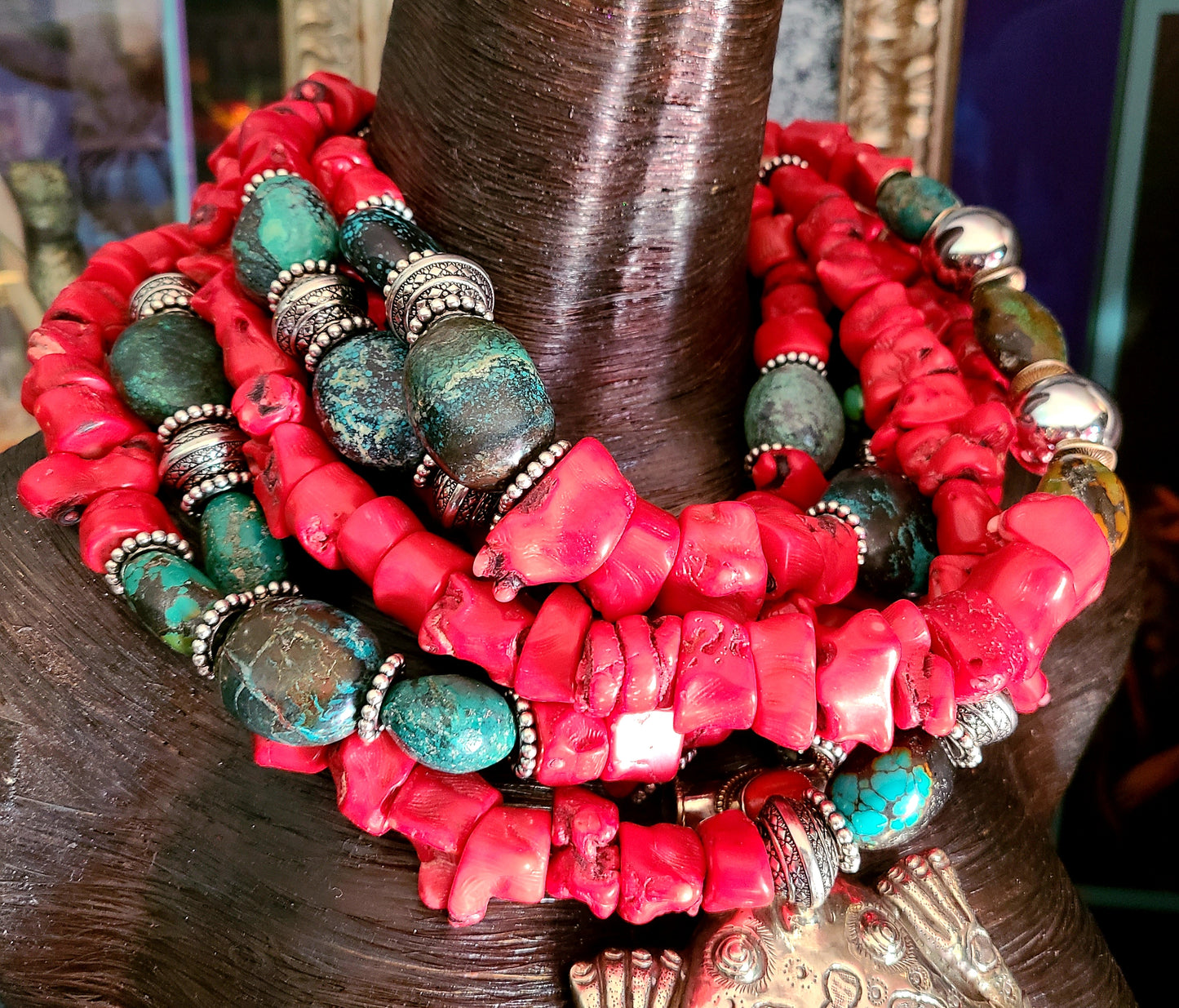 Red Coral and Turquoise Bold Chunky Heavy Statement Necklace with Tibetan Frog Pendant - Kat Kouture Wearable Art Jewelry - Iris Apfel Style Neck Candy