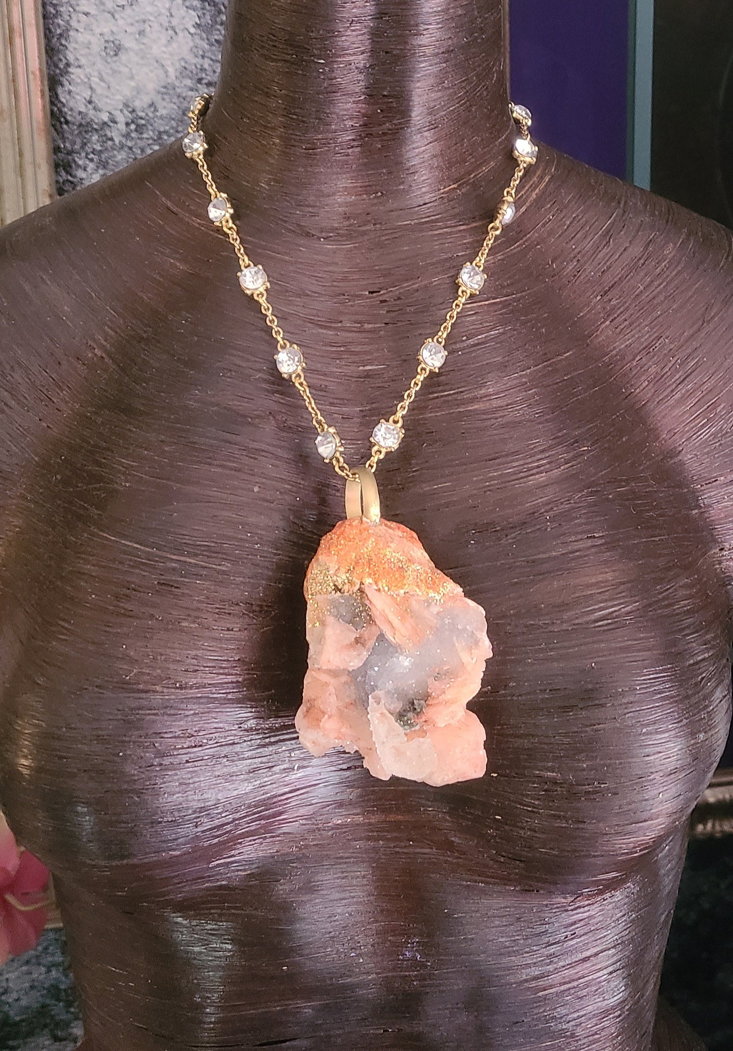 Apophyllite & Stilbite Sculpted Pendant with Fancy Chain - Orange and Green Crystal Talisman - Autumn Amulet - Kat Kouture Jewelry