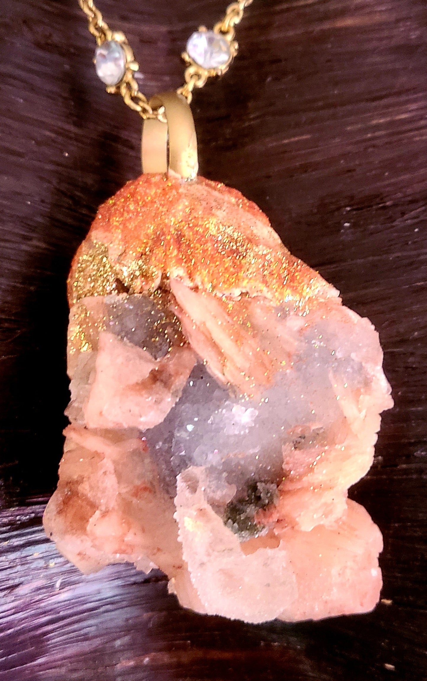 Apophyllite & Stilbite Sculpted Pendant with Fancy Chain - Orange and Green Crystal Talisman - Autumn Amulet - Kat Kouture Jewelry