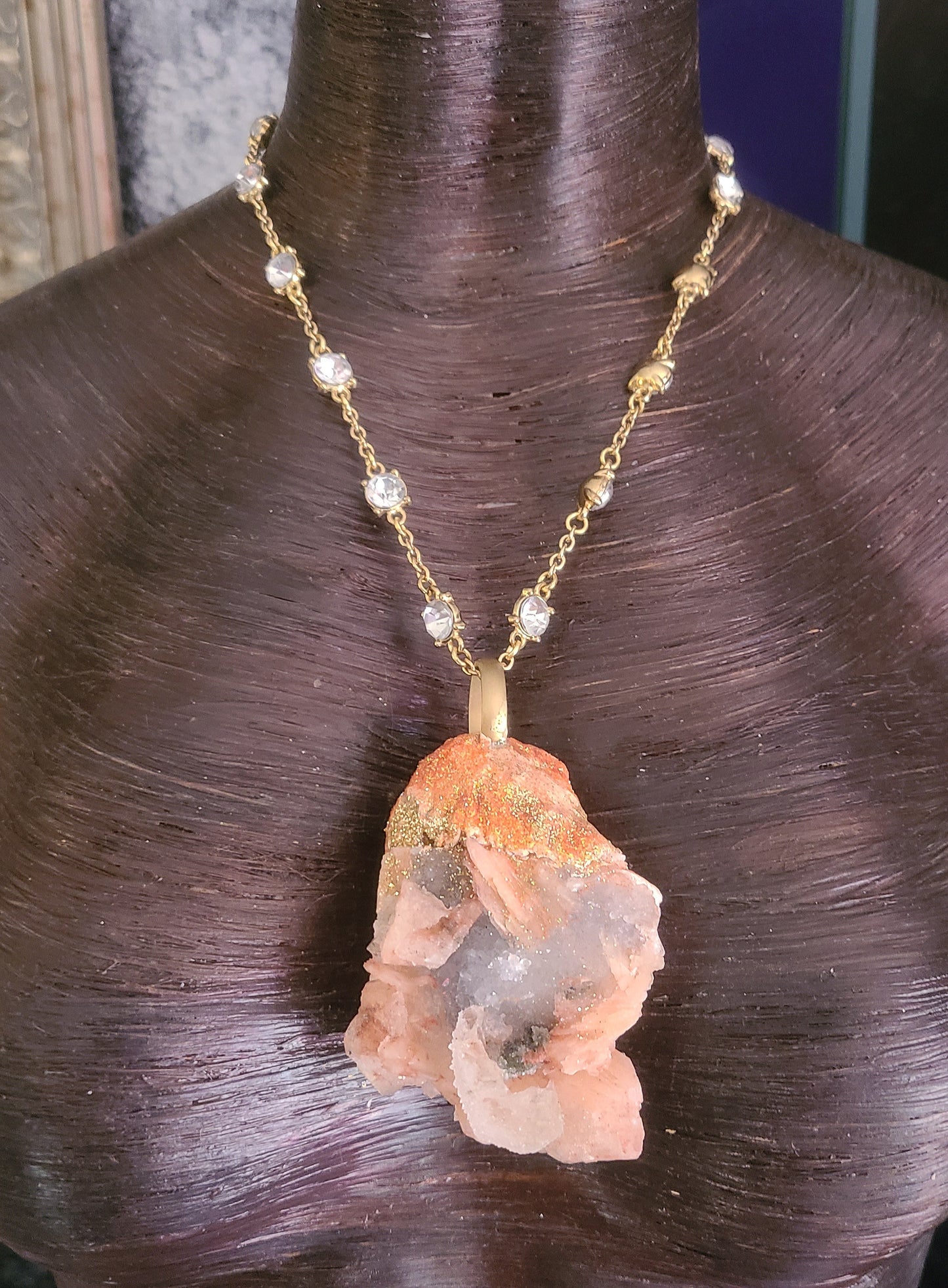 Apophyllite & Stilbite Sculpted Pendant with Fancy Chain - Orange and Green Crystal Talisman - Autumn Amulet - Kat Kouture Jewelry